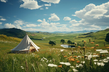 green field, bright, realistic, short grass, white tent, far away. AI generative