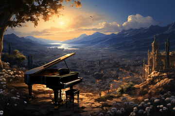 Piano wallpaper in the field in the evening. AI generative