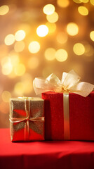 Christmas present background with red and gold gifts. Portrait with copy space