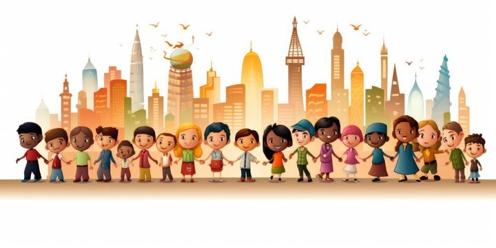 multicultural diverse children cartoon with city skyline of world landmarks on white background. beautiful Generative AI AIG32