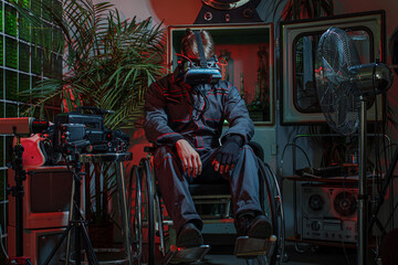A man in overalls with a cyber helmet on his head, sitting in a wheelchair among old things, high...