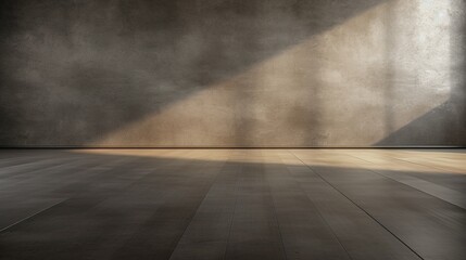 Room with brown grey textured wass and floor light from one window with beautiful shadows