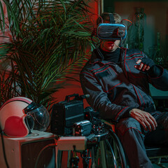 A man in overalls with a cyber helmet on his head, sitting in a wheelchair among old things, high...