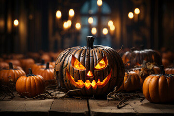 Scary halloween pumpkin on wooden planks. AI generative