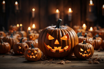 Scary halloween pumpkin on wooden planks. AI generative