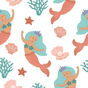 Cute Mermaid Light Blue Hair Seamless Pattern 