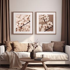 two white flowers hanging on the wall above a couch in a coffee table with a vase and lamp beside it