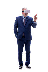 Old businessman wearing virtual glasses isolated on white