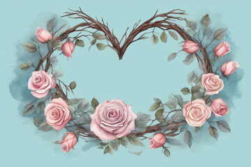 illustration with branches and rose flowers blue background, design with branches in the shape of a heart