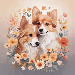 illustration of two dogs with flowers, Banner, T-shirt print, cover.