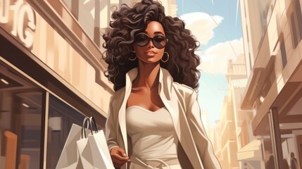 a beautiful black african american woman with shopping bags from mall store walking on a city...