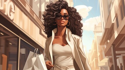 a beautiful black african american woman with shopping bags from mall store walking on a city street with fashion clothing. cartoonish artstyle design. Generative AI