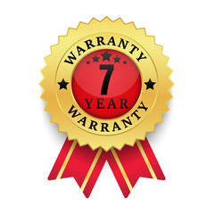 Realistic warranty number 7 years golden label isolated on white background, Red ribbon style, Warranty logo design isolated on white background, Vector golden warranty and illustration.