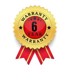 Realistic warranty number 6 years golden label isolated on white background, Red ribbon style, Warranty logo design isolated on white background, Vector golden warranty and illustration.