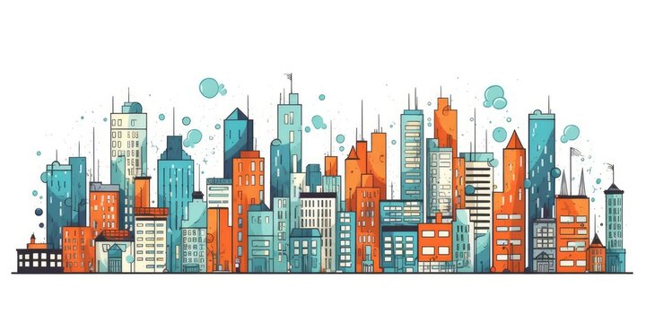 city skyline simple doodle color cartoon on white background. beautiful Generative AI AIG32