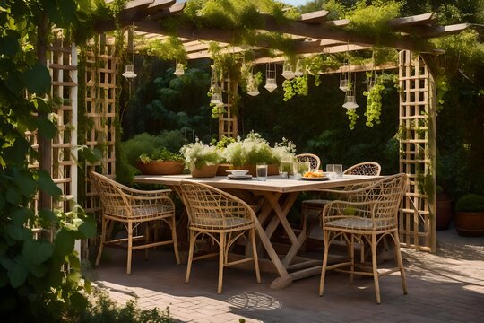 restaurant in the garden, Table and chairs on a rustic patio on a sunny afternoon