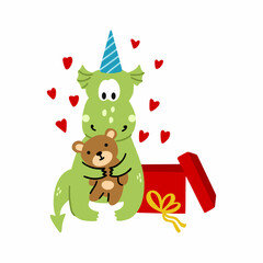 Funny cute dragon received teddy bear as gift. symbol of new year 2024 according to Eastern calendar. illustration in style of doodles. Cartoon sticker.