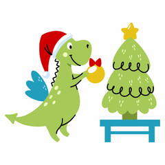Cute dragon decorates Christmas tree. symbol of new year 2024 according to Eastern calendar. illustration in style of doodles. Cartoon sticker.