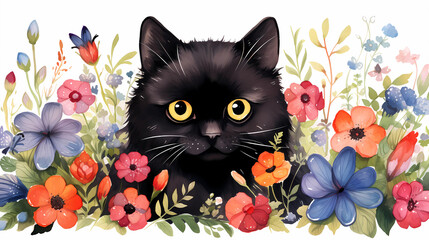 hand drawn cartoon illustration of black cat in flowers
