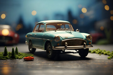 A car toys with diorama, set against a minimalist studio background. Generative AI - obrazy, fototapety, plakaty
