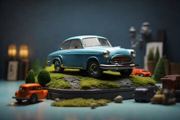 A car toys with diorama, set against a minimalist studio background. Generative AI