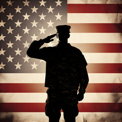 Silhouette of Soldier saluting in front of the American flag. A military, veteran, and patriotism concept. Generative ai.  - obrazy, fototapety, plakaty