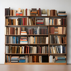 Wooden bookshelves in front of a white wall. A reading, education, and leisure concept. Generative ai. 