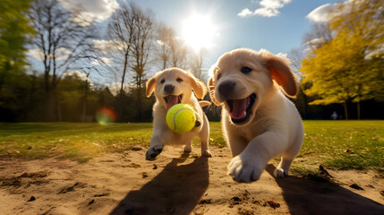 テニスボールを追いかける二匹の子犬