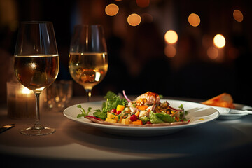 Romantic and delicious dinner at restaurant with glass of wine in the background