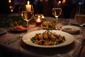 Romantic and delicious dinner at restaurant with glass of wine in the background