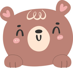 Cute happy smile brown bear face with hands, kawaii animal woodland cartoon doodle flat design.