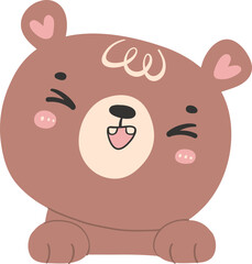 Fototapeta premium Cute laughing brown bear face with hands, kawaii animal woodland cartoon doodle flat design.