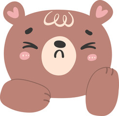 Cute sad brown bear face with hands, kawaii animal woodland cartoon doodle flat design.