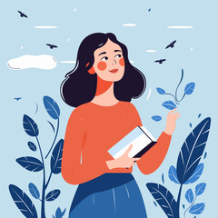 Vector graphic of woman holding book in hand, walks through the forest or park. Woman in a sweater and skirt. Birds fly around the girl, flowers grow. Autumn vibes, cozy fall, back to school concept.