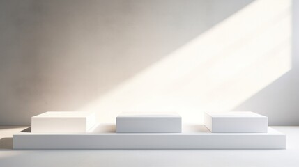 Minimalist abstract design for presentation and product display, white podiums in sunlight with shadow on white background.