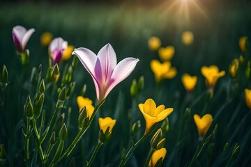 Fototapeta na wymiar closeup of freesia flower, flowers field background, fresh flower photo, beautiful floral image
