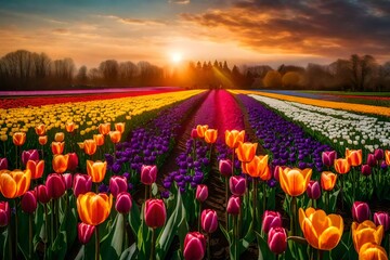 Vibrant tulip garden in full bloom, showcasing a myriad of colors against the backdrop of the sky
