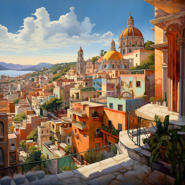 An oil painting of Guanajuato city