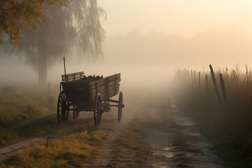 an old wooden cart on a foggy road in the country side, with trees and fenced off to the right - Powered by Adobe