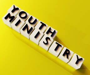 Youth ministry words on the white cubes in the yellow background 3d rendering - obrazy, fototapety, plakaty