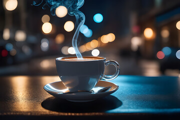 Coffee cup with smoke and abstract bokeh