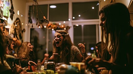 a group of people sitting at a dinner table with food and drinks in front of them, the woman has her mouth wide open