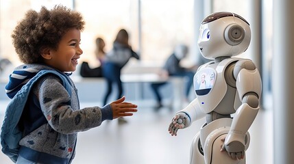 a little boy playing with a robot at an office building in the child is wearing a backpack and talking to him - obrazy, fototapety, plakaty