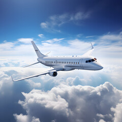 Obraz premium Private jet flying through the clouds and blue sky. A concept of luxury air travel on business or vacation. Generative ai. 