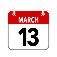 13 March, calendar date icon on white background.