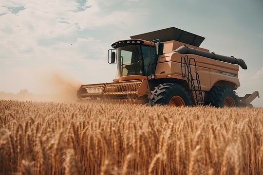 a combine in a wheat field, with the sun shining through the clouds and blue sky above it - stock pictures