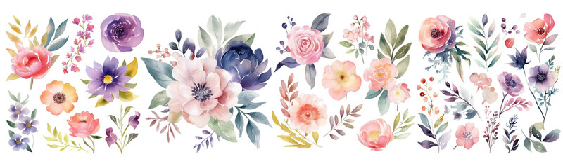 Watercolor blush floral clipart , Watercolor collection of hand drawn flowers , Botanical plant illustration transparent background, PNG ,Generative AI
