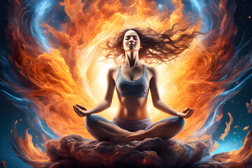 Portrait of a female in the lotus position emitting an explosion vital of energy. Generative Ai