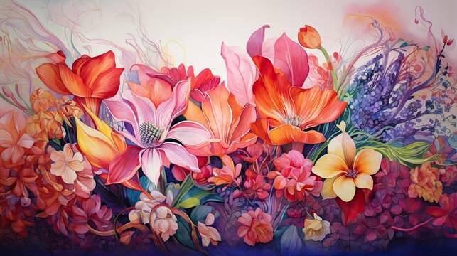 colorful flowers image with flowers watercolor wallpapers, in the style of dark turquoise and light amber, swirling vortexes, i can't believe how beautiful this is, airbrush art