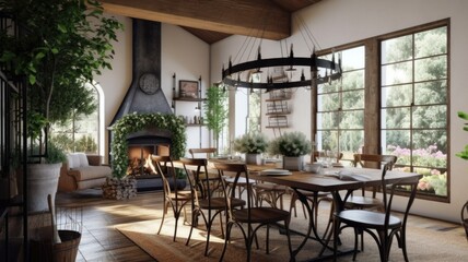 Fototapeta na wymiar Interior design inspiration of Rustic Farmhouse style home dining room loveliness decorated with Wood and Metal material and Chandelier .Generative AI home interior design .